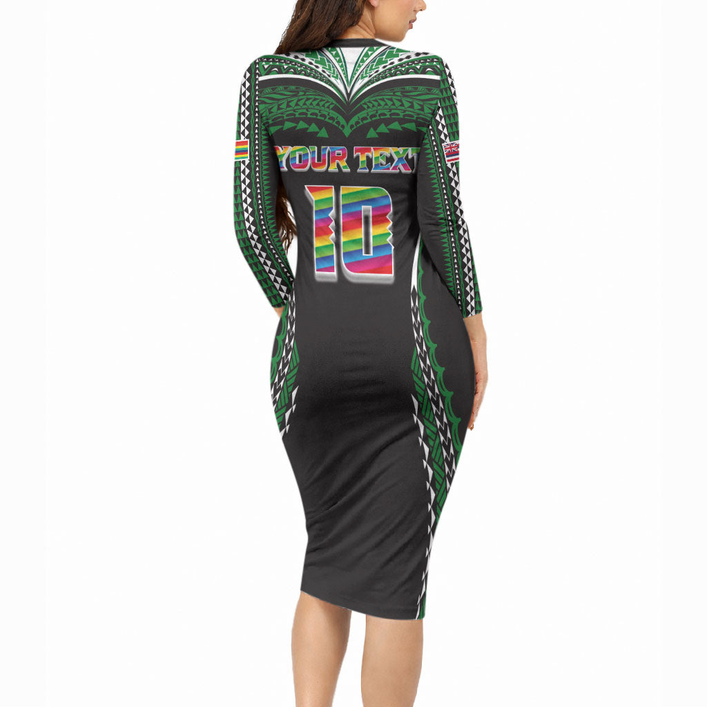 Custom Hawaii Rainbow Warriors Long Sleeve Bodycon Dress Polynesian Motif Black Color
