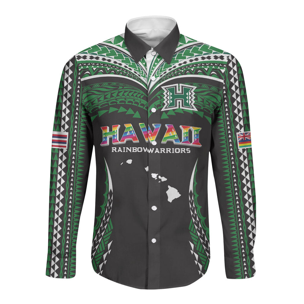 Custom Hawaii Rainbow Warriors Long Sleeve Button Shirt Polynesian Motif Black Color