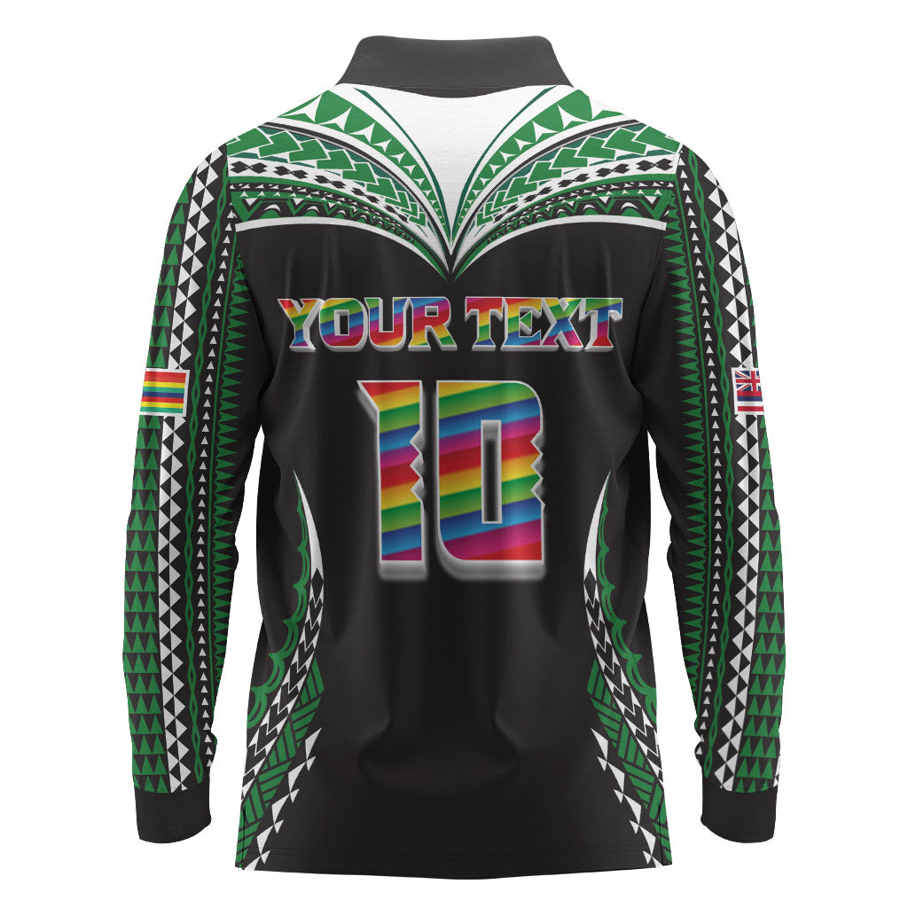 Custom Hawaii Rainbow Warriors Long Sleeve Polo Shirt Polynesian Motif Black Color