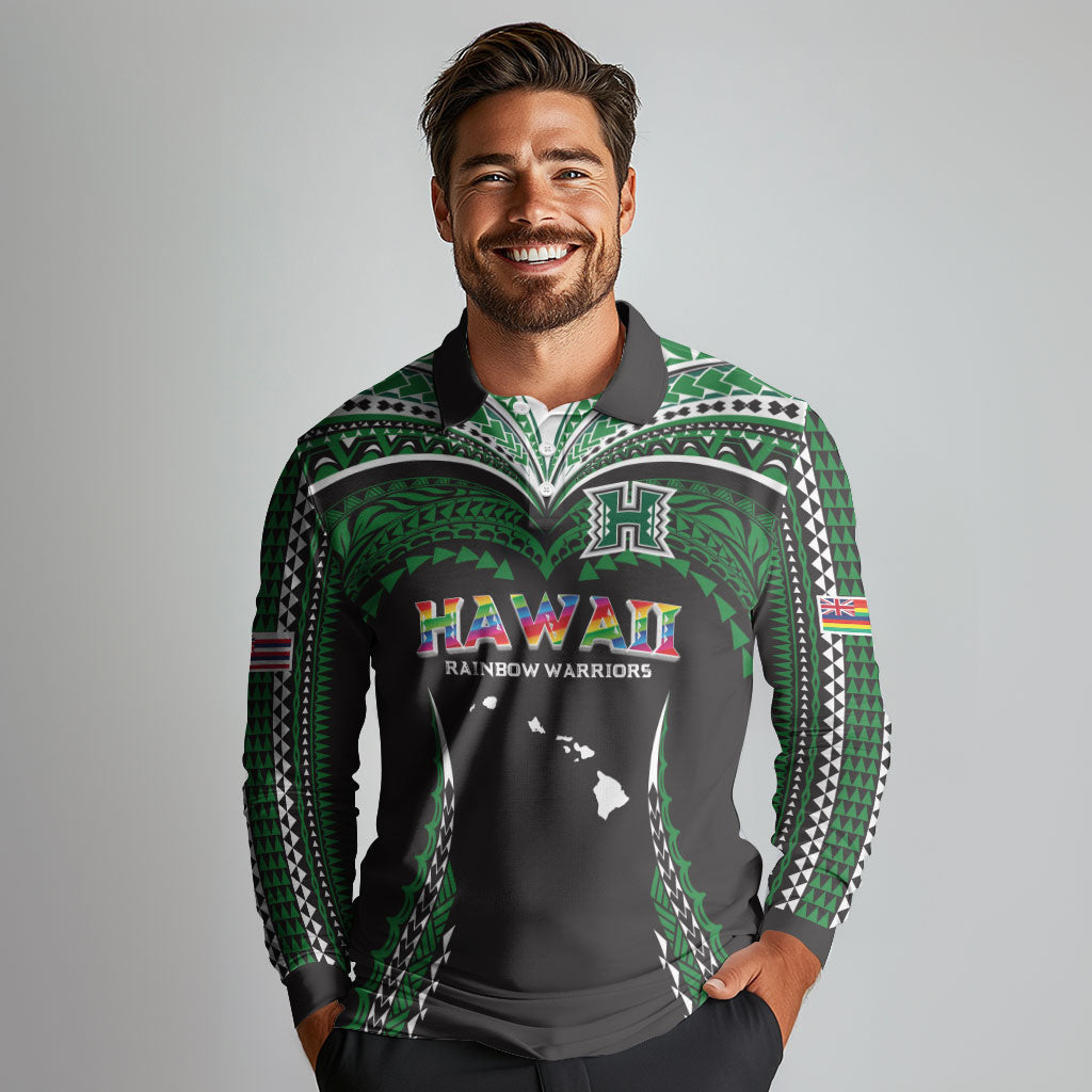 Custom Hawaii Rainbow Warriors Long Sleeve Polo Shirt Polynesian Motif Black Color