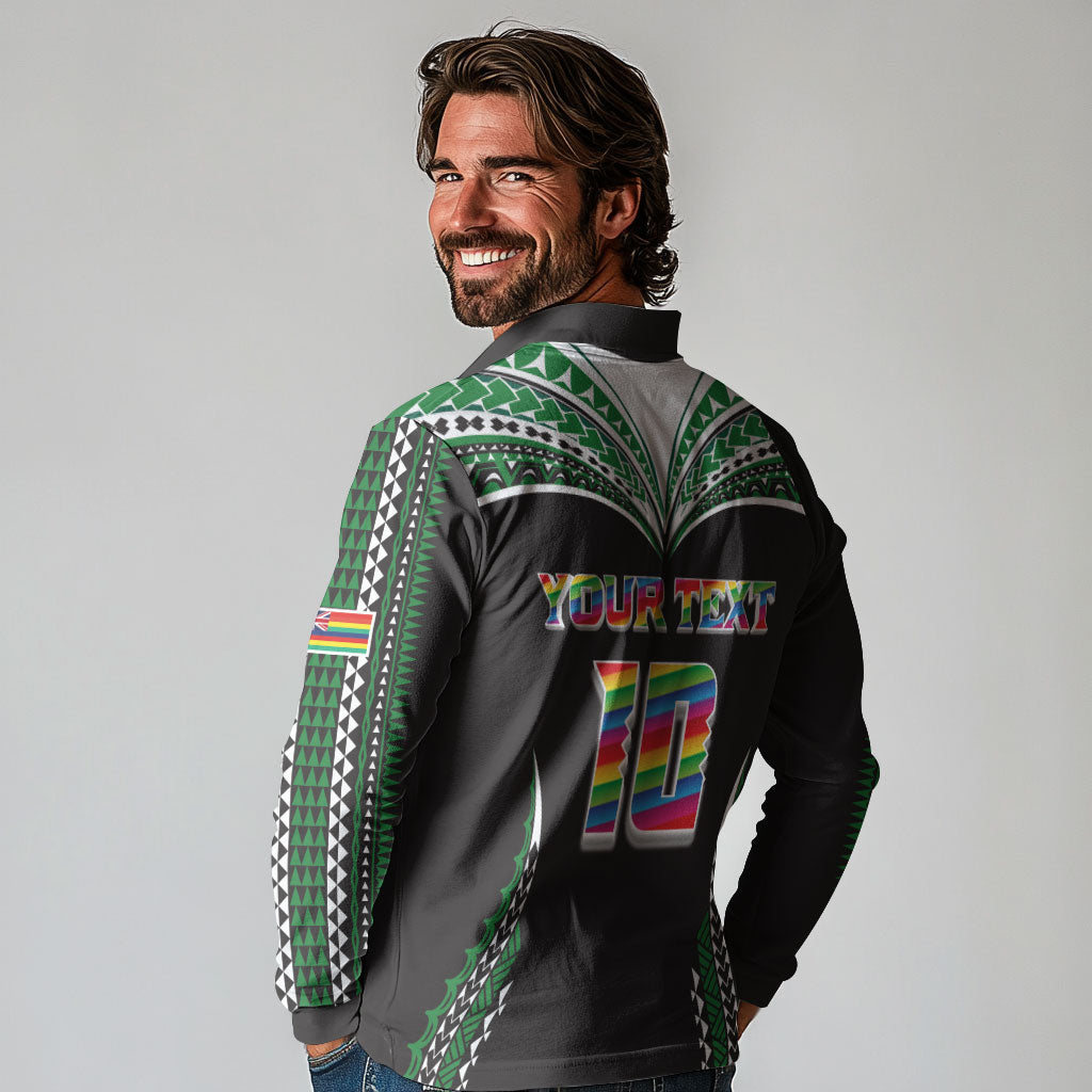 Custom Hawaii Rainbow Warriors Long Sleeve Polo Shirt Polynesian Motif Black Color