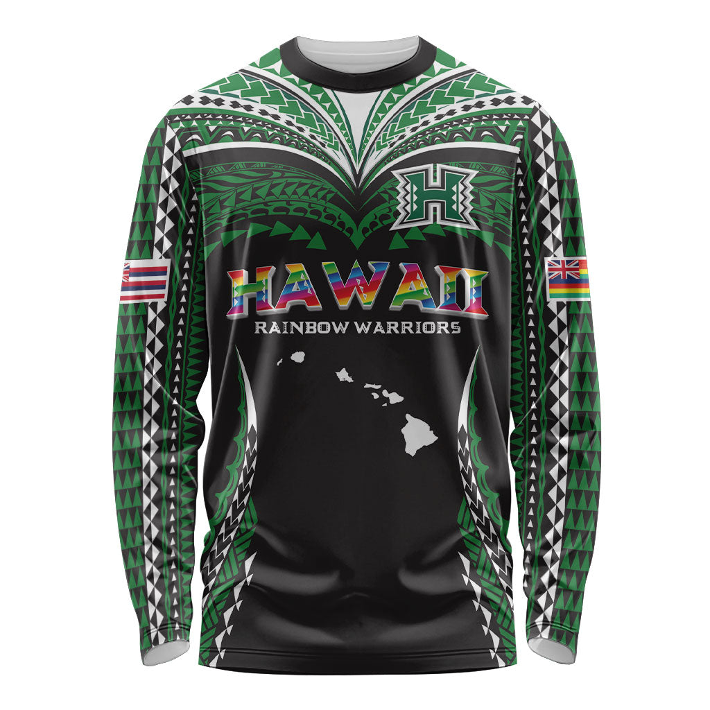 Custom Hawaii Rainbow Warriors Long Sleeve Shirt Polynesian Motif Black Color