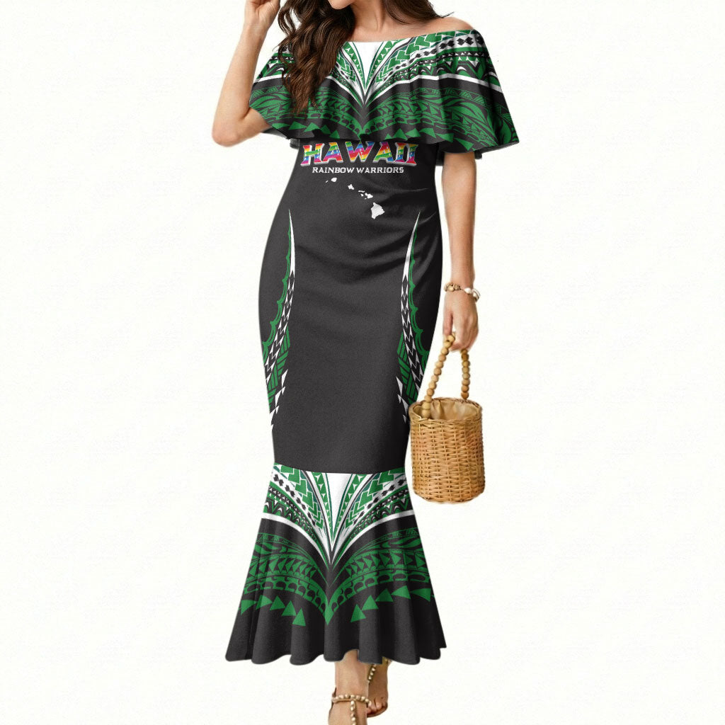 Custom Hawaii Rainbow Warriors Mermaid Dress Polynesian Motif Black Color