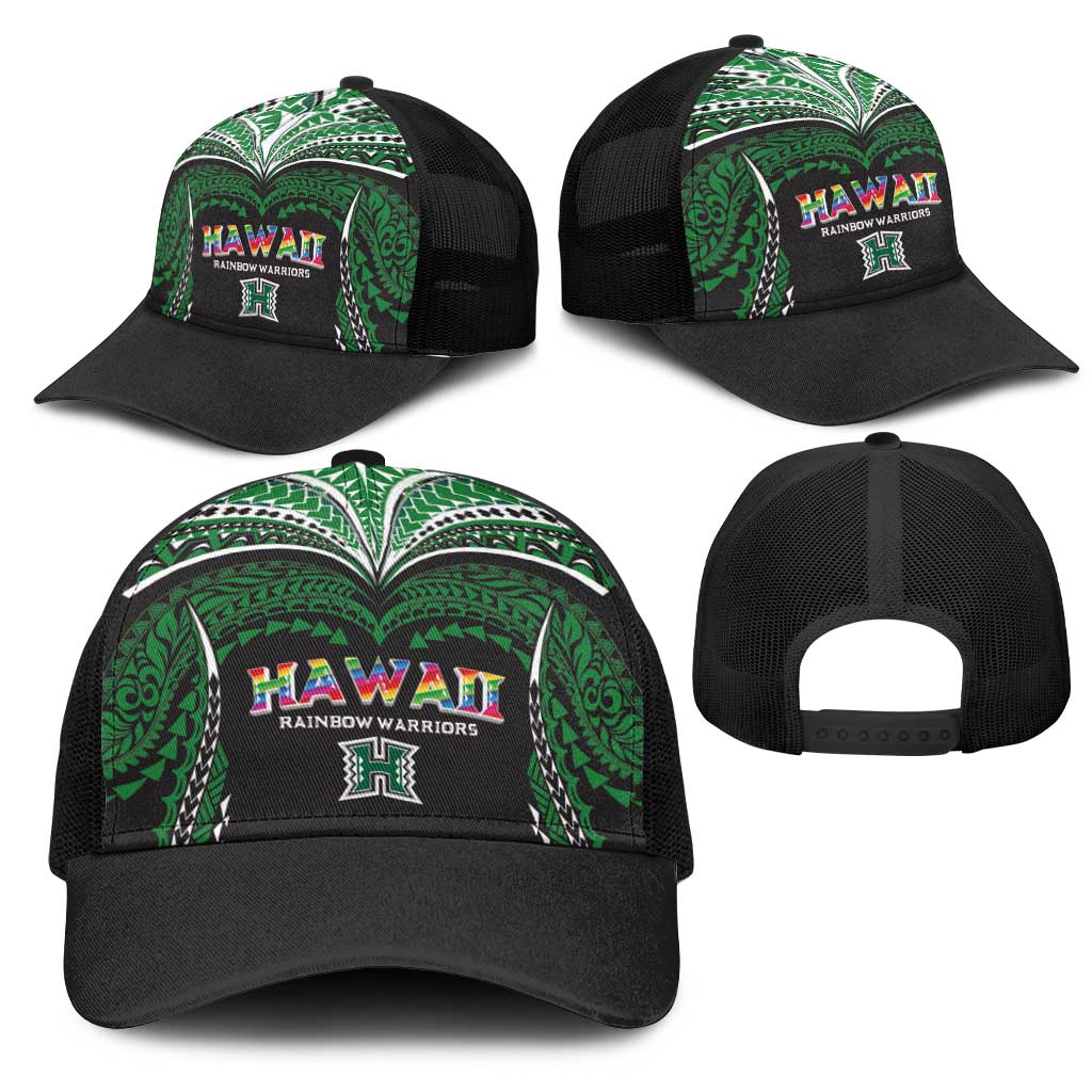 Hawaii Rainbow Warriors Mesh Trucker Cap Polynesian Motif Black Color