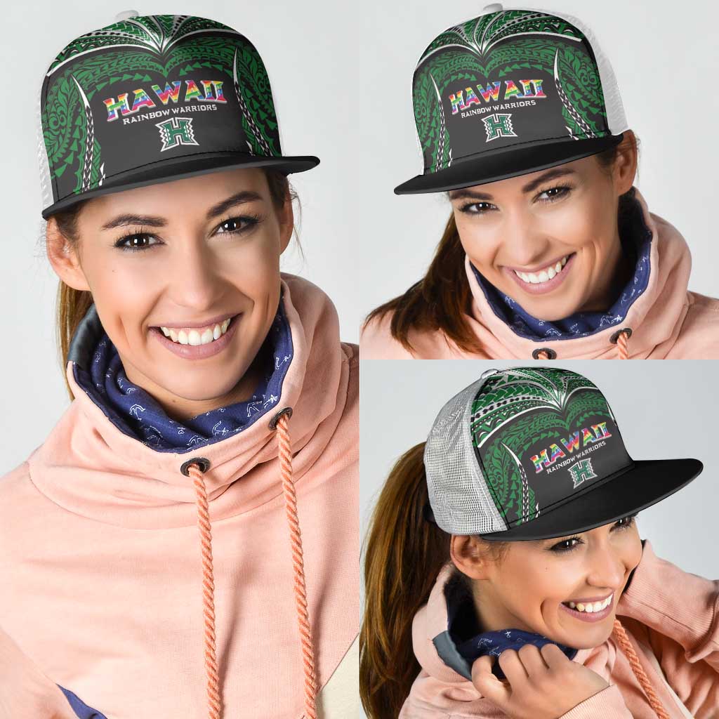 Hawaii Rainbow Warriors Mesh Trucker Cap Polynesian Motif Black Color