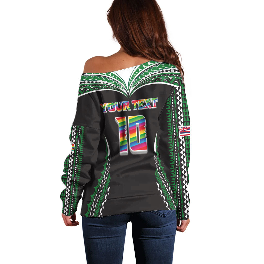 Custom Hawaii Rainbow Warriors Off Shoulder Sweater Polynesian Motif Black Color