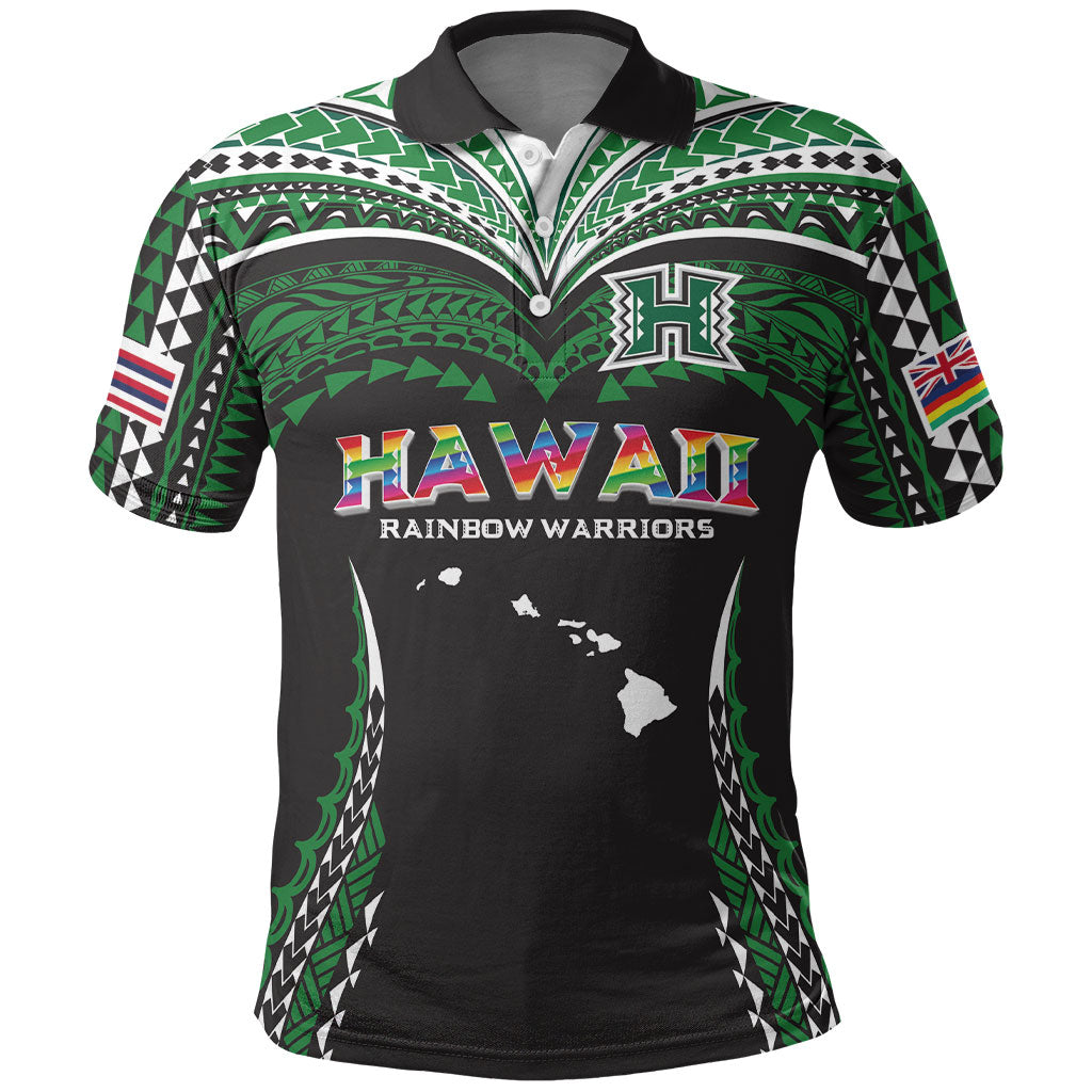 Custom Hawaii Rainbow Warriors Polo Shirt Polynesian Motif Black Color