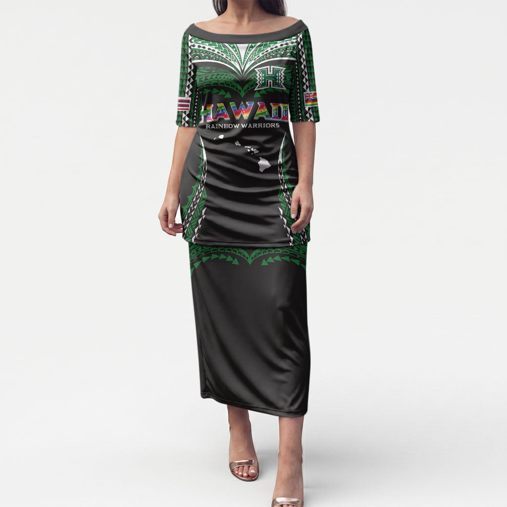 Custom Hawaii Rainbow Warriors Puletasi Polynesian Motif Black Color