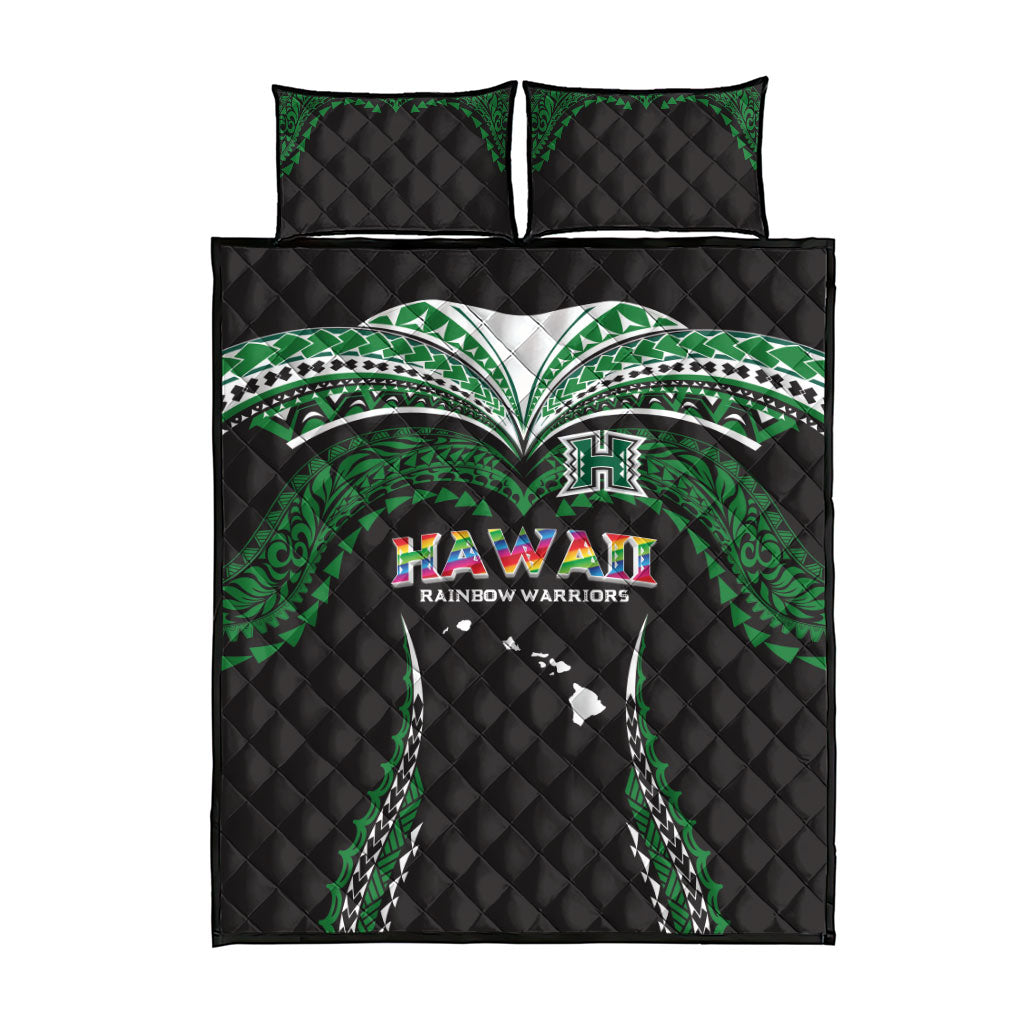 Hawaii Rainbow Warriors Quilt Bed Set Polynesian Motif Black Color