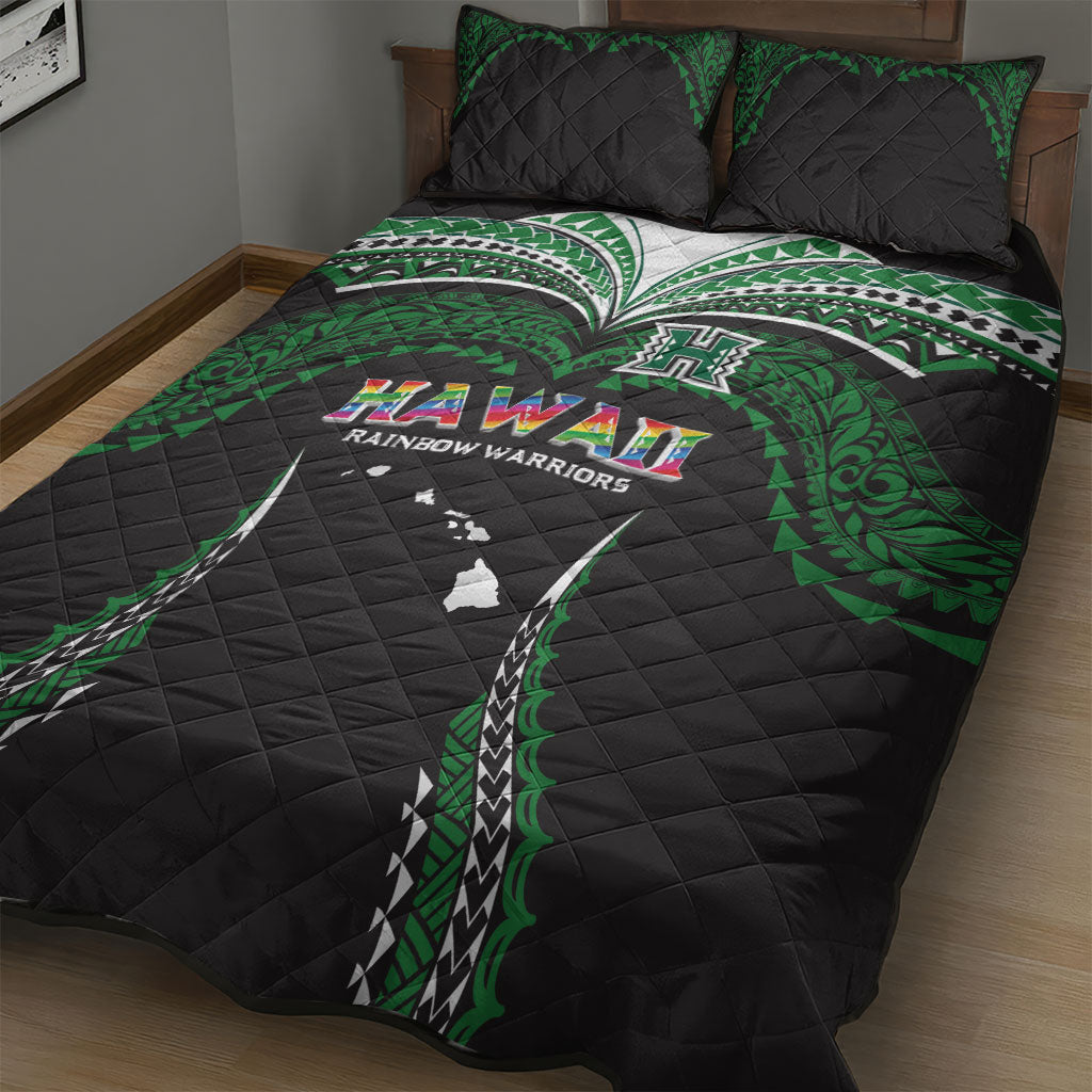 Hawaii Rainbow Warriors Quilt Bed Set Polynesian Motif Black Color
