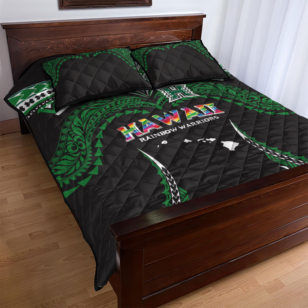 Hawaii Rainbow Warriors Quilt Bed Set Polynesian Motif Black Color
