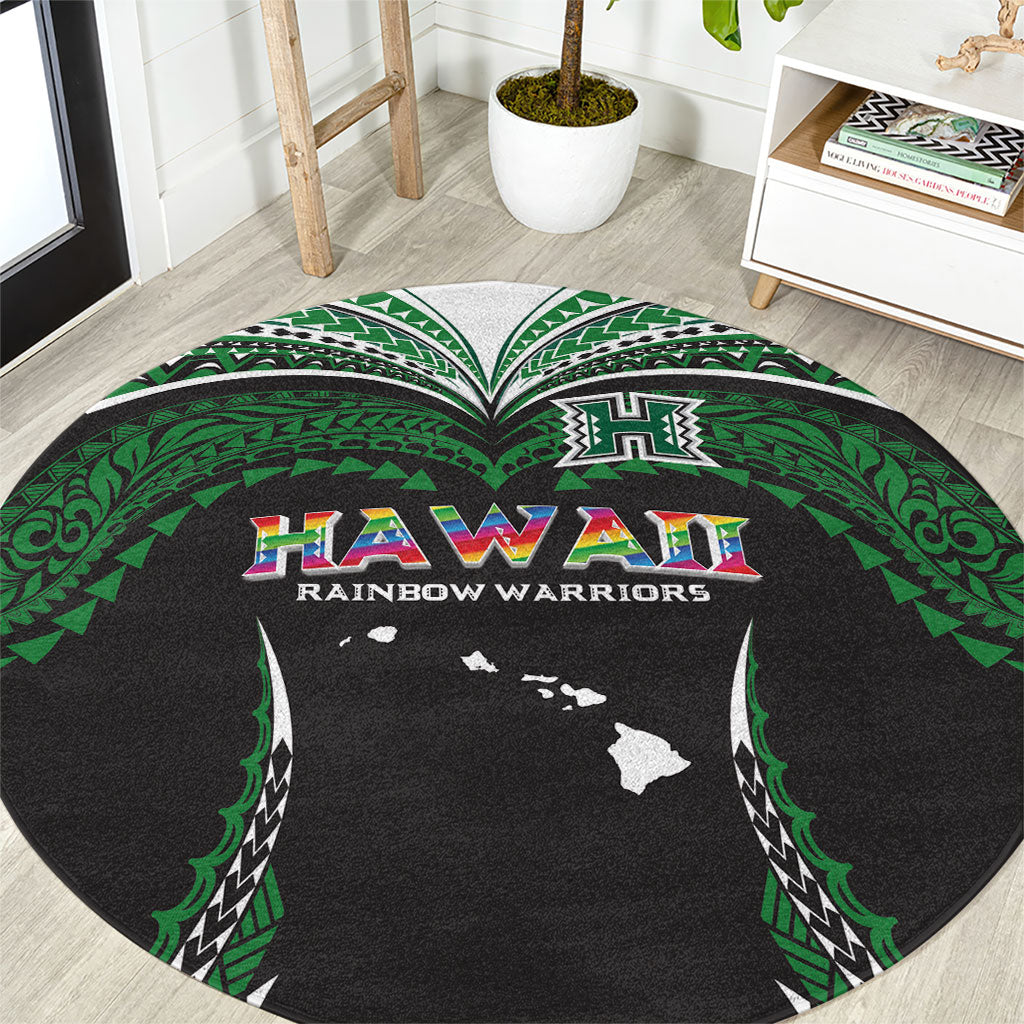 Hawaii Rainbow Warriors Round Carpet Polynesian Motif Black Color