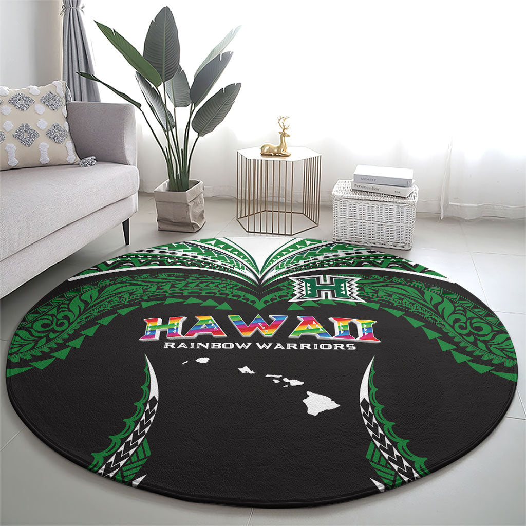 Hawaii Rainbow Warriors Round Carpet Polynesian Motif Black Color