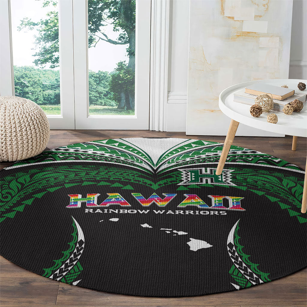 Hawaii Rainbow Warriors Round Carpet Polynesian Motif Black Color