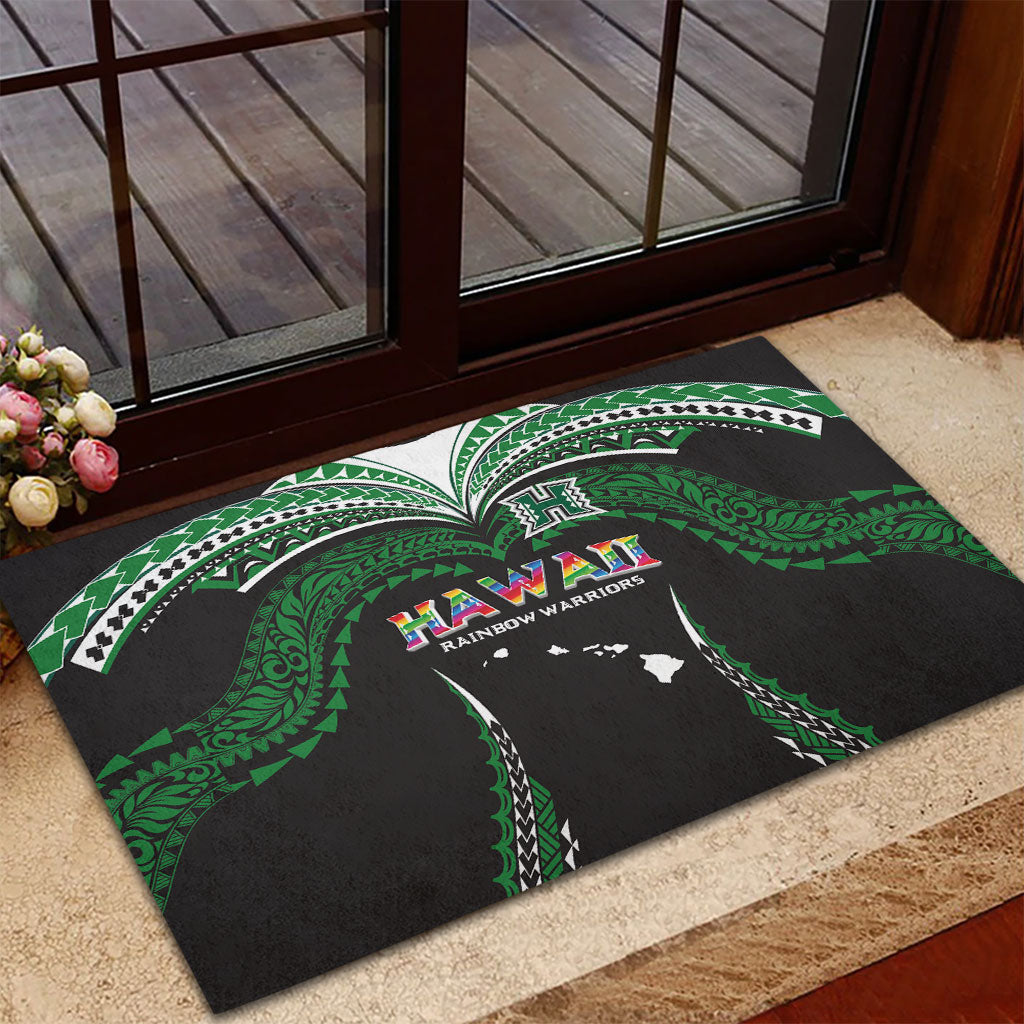 Hawaii Rainbow Warriors Rubber Doormat Polynesian Motif Black Color