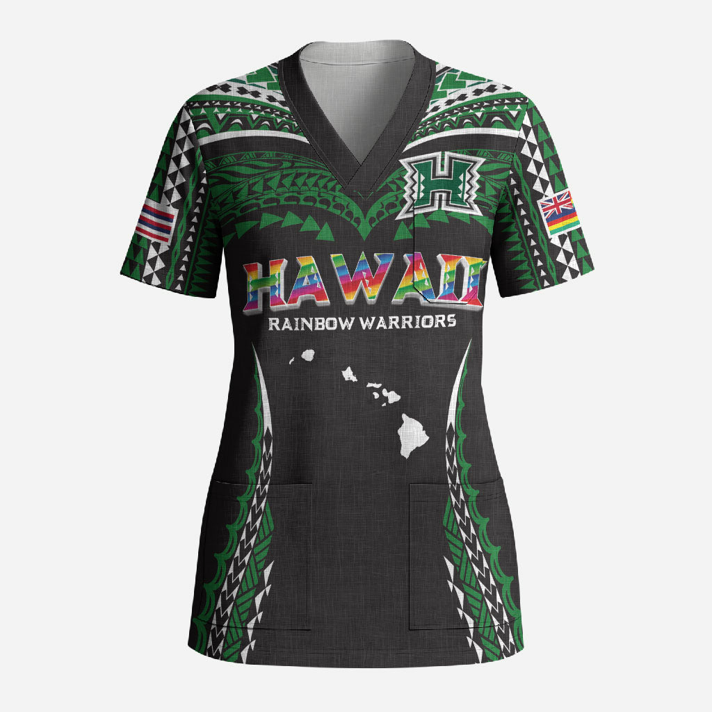 Custom Hawaii Rainbow Warriors Scrub Top Polynesian Motif Black Color