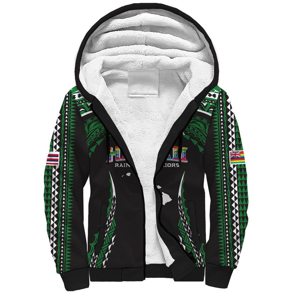 Custom Hawaii Rainbow Warriors Sherpa Hoodie Polynesian Motif Black Color
