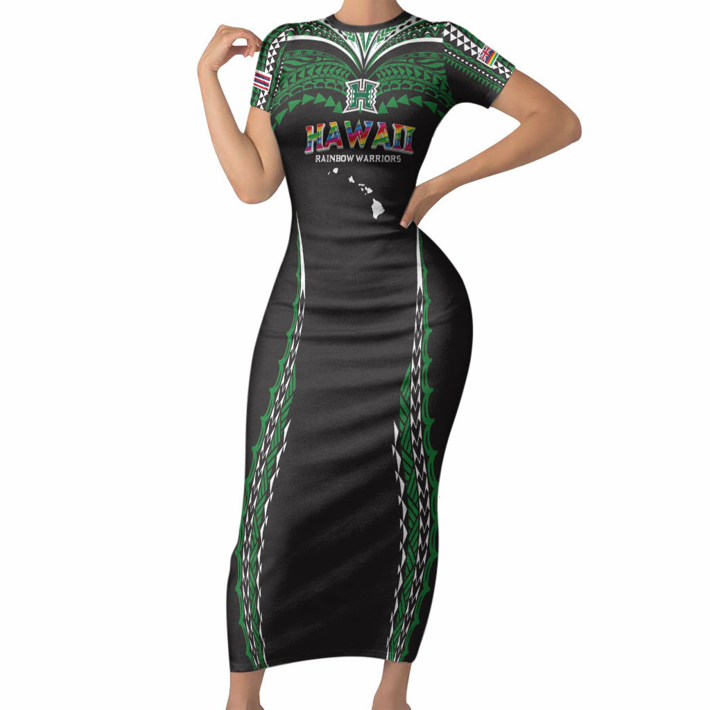 Custom Hawaii Rainbow Warriors Short Sleeve Bodycon Dress Polynesian Motif Black Color