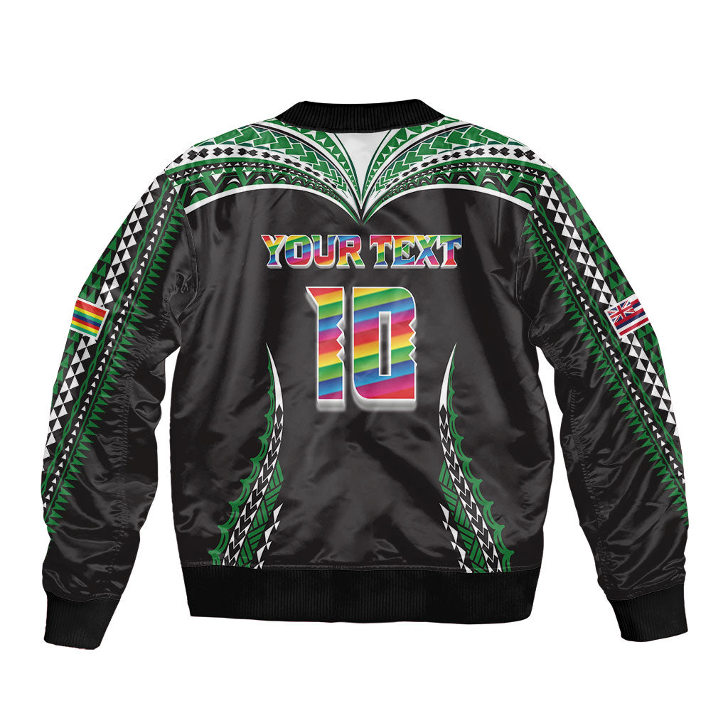 Custom Hawaii Rainbow Warriors Sleeve Zip Bomber Jacket Polynesian Motif Black Color