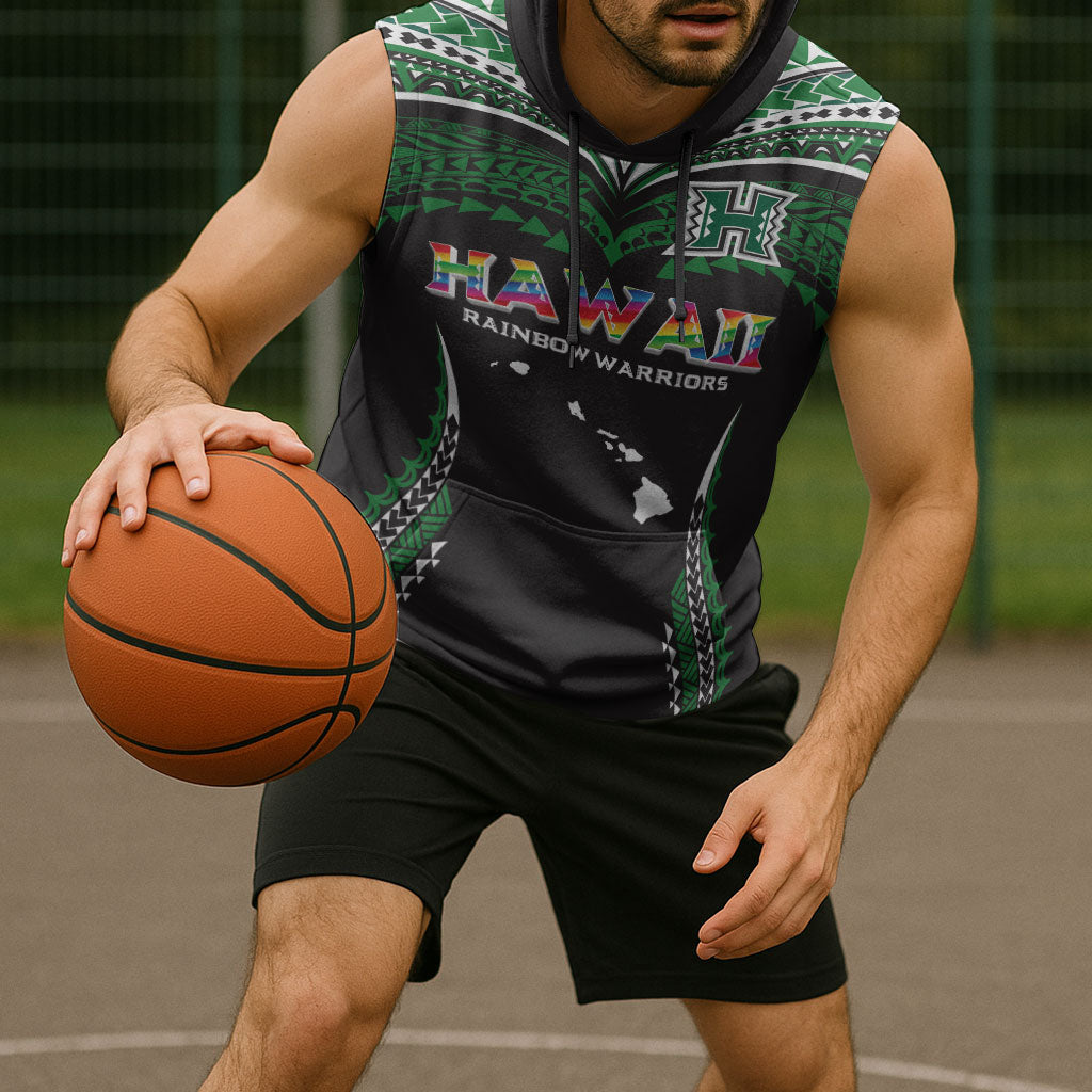 Custom Hawaii Rainbow Warriors Sleeveless Hoodie Polynesian Motif Black Color