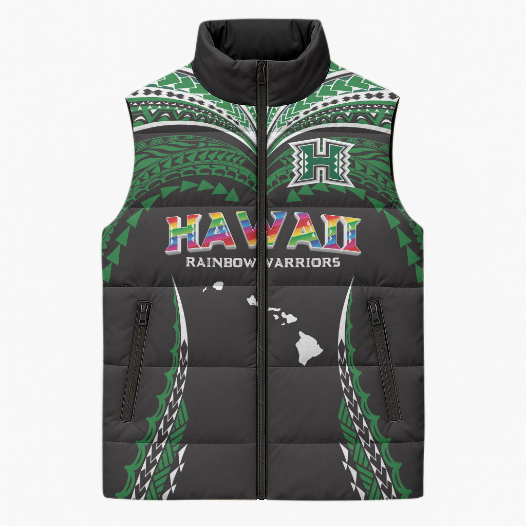 Custom Hawaii Rainbow Warriors Sleeveless Puffer Jacket Polynesian Motif Black Color