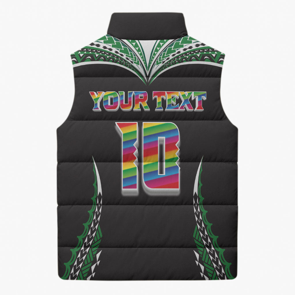 Custom Hawaii Rainbow Warriors Sleeveless Puffer Jacket Polynesian Motif Black Color