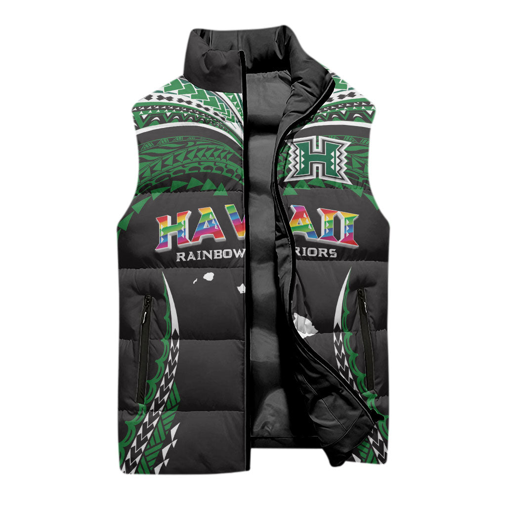Custom Hawaii Rainbow Warriors Sleeveless Puffer Jacket Polynesian Motif Black Color