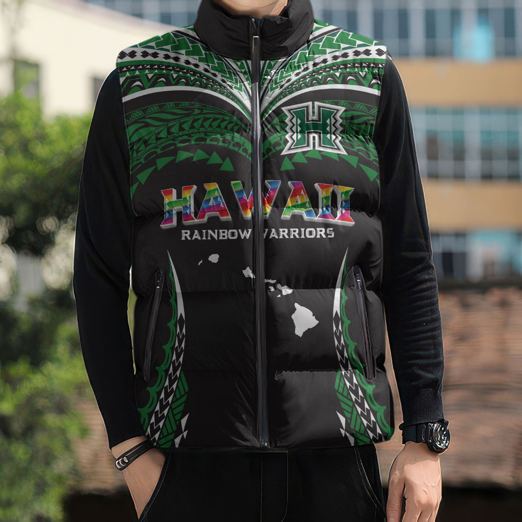 Custom Hawaii Rainbow Warriors Sleeveless Puffer Jacket Polynesian Motif Black Color