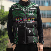 Custom Hawaii Rainbow Warriors Sleeveless Puffer Jacket Polynesian Motif Black Color
