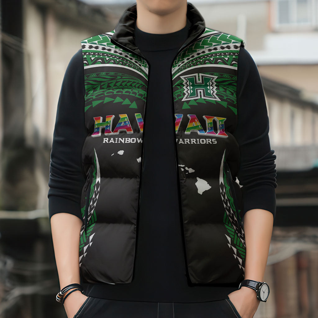 Custom Hawaii Rainbow Warriors Sleeveless Puffer Jacket Polynesian Motif Black Color