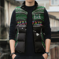 Custom Hawaii Rainbow Warriors Sleeveless Puffer Jacket Polynesian Motif Black Color