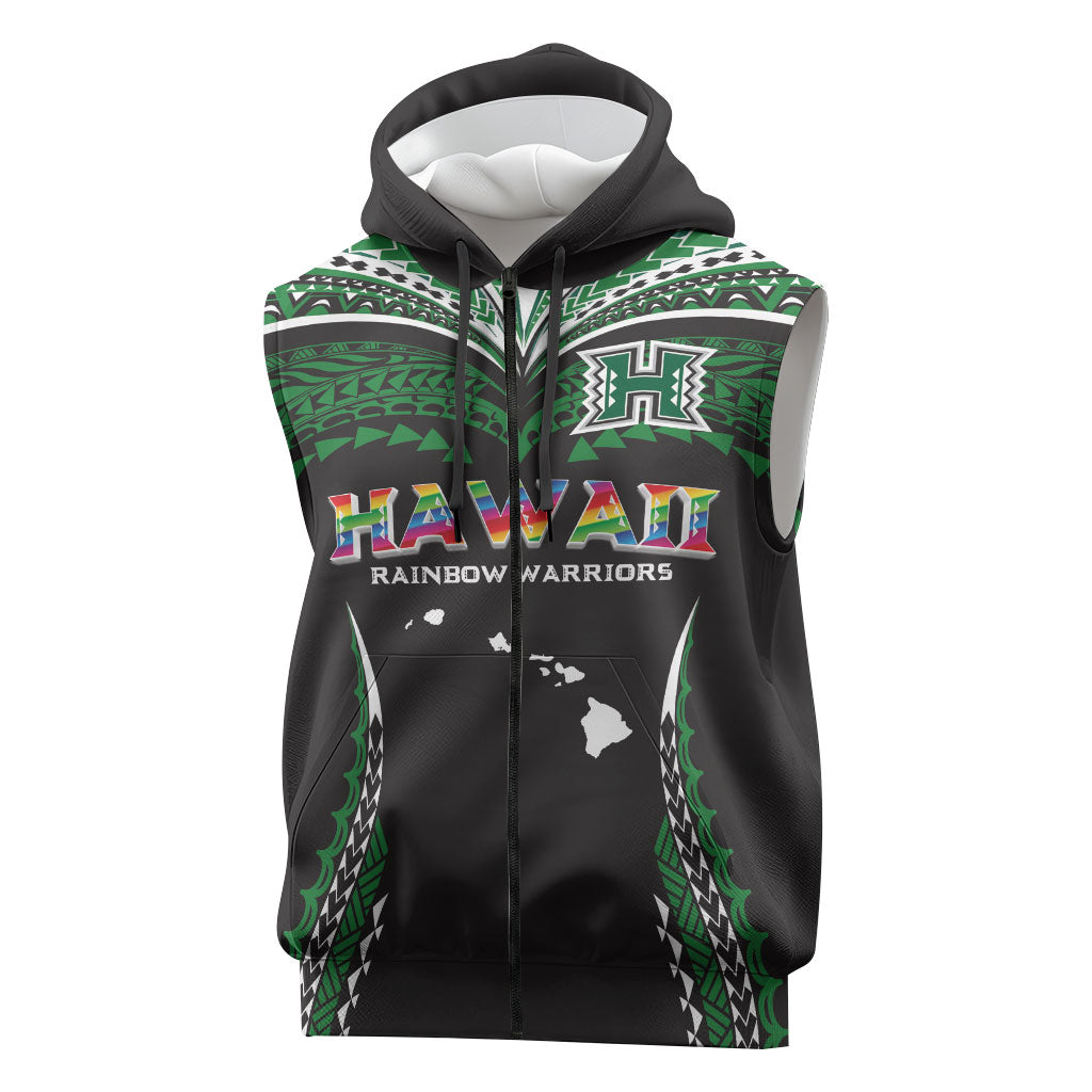 Custom Hawaii Rainbow Warriors Sleeveless Zip Hoodie Polynesian Motif Black Color