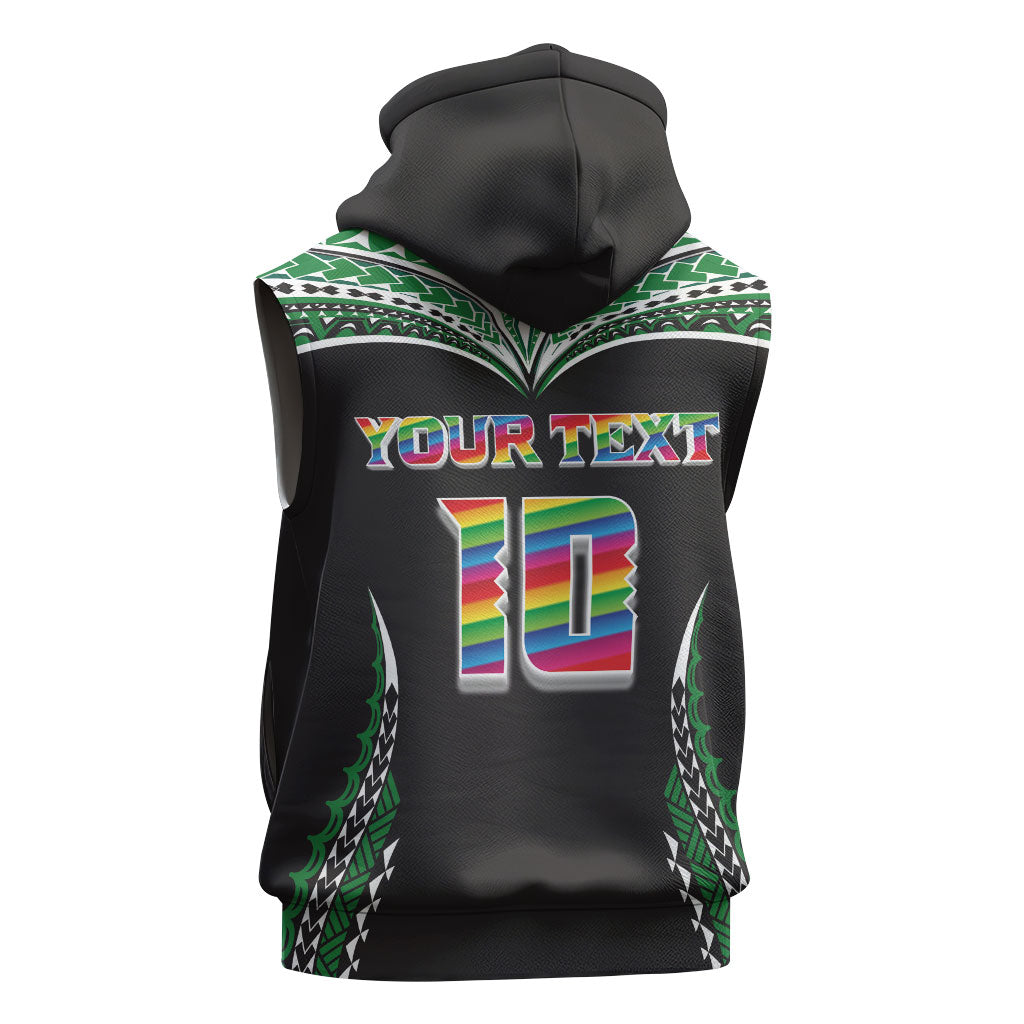 Custom Hawaii Rainbow Warriors Sleeveless Zip Hoodie Polynesian Motif Black Color