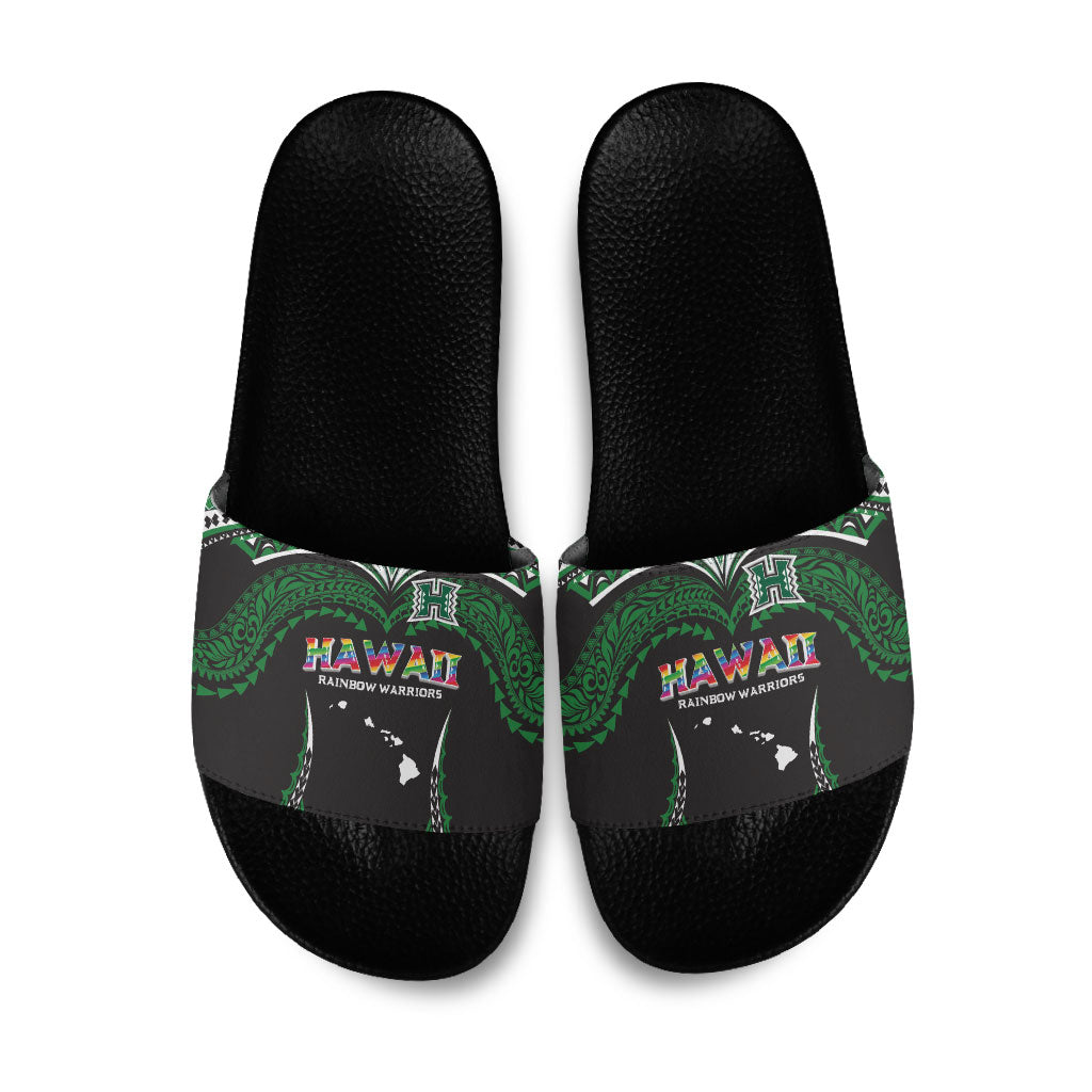 Hawaii Rainbow Warriors Slide Sandals Polynesian Motif Black Color