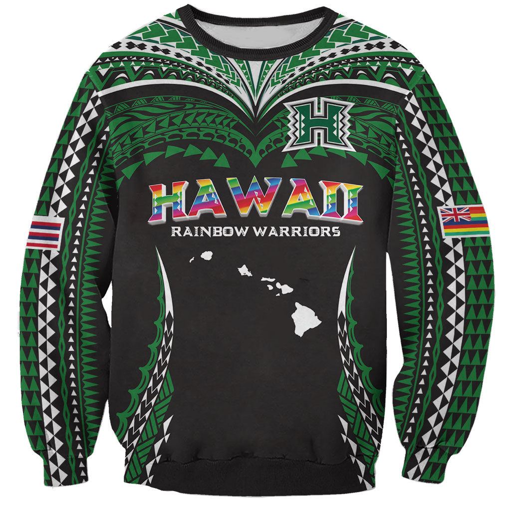 Custom Hawaii Rainbow Warriors Sweatshirt Polynesian Motif Black Color