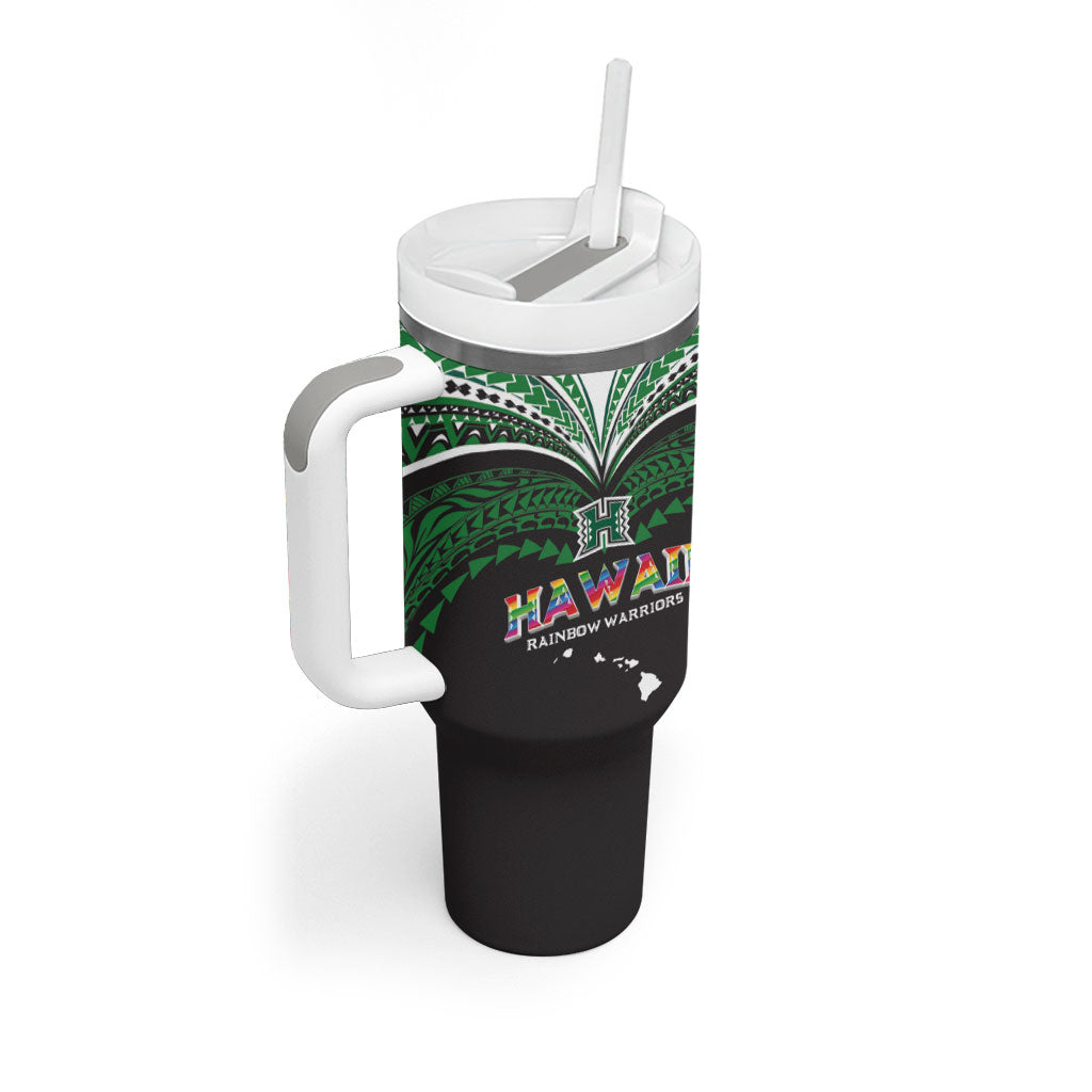 Custom Hawaii Rainbow Warriors Tumbler With Handle Polynesian Motif Black Color