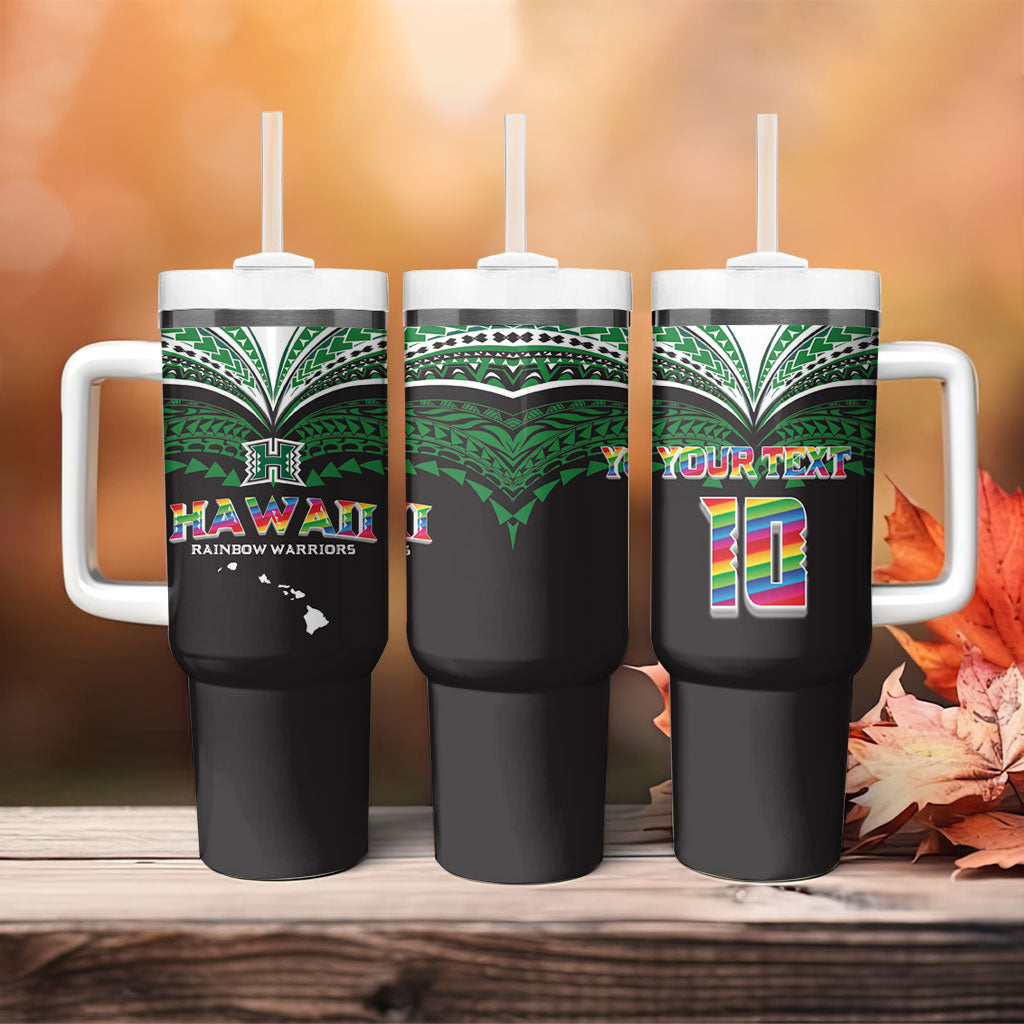 Custom Hawaii Rainbow Warriors Tumbler With Handle Polynesian Motif Black Color