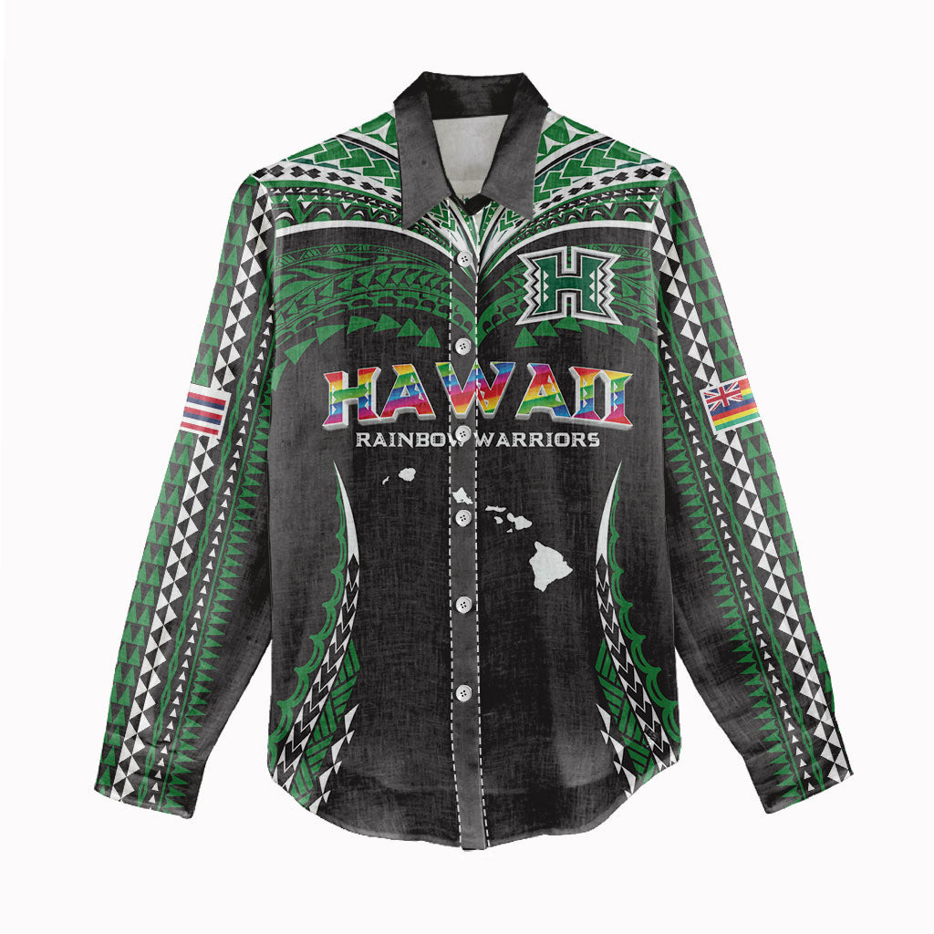 Custom Hawaii Rainbow Warriors Women Casual Shirt Polynesian Motif Black Color