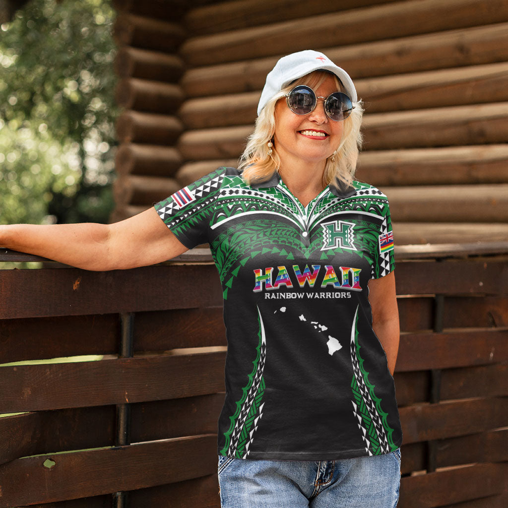 Custom Hawaii Rainbow Warriors Women Polo Shirt Polynesian Motif Black Color