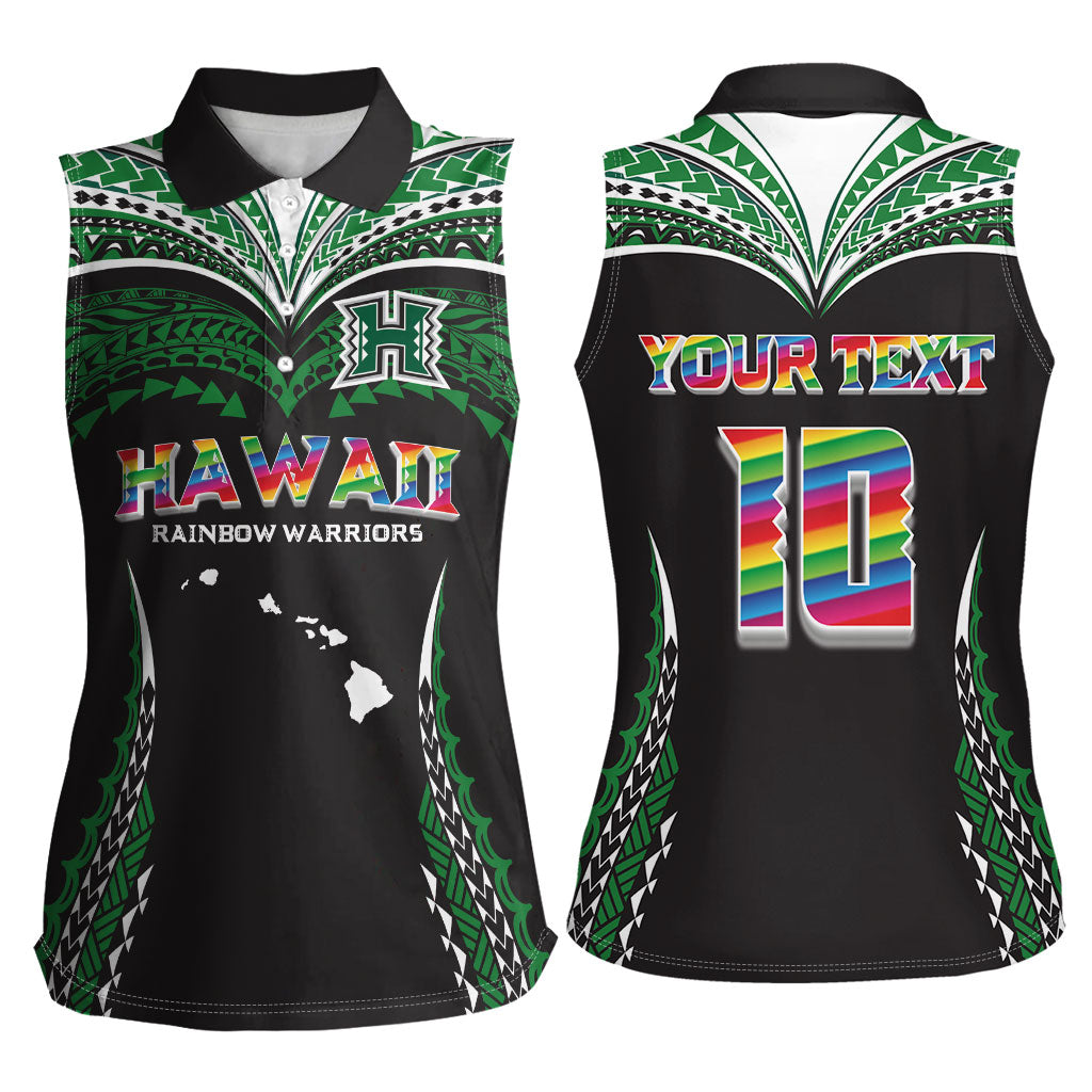 Custom Hawaii Rainbow Warriors Women Sleeveless Polo Shirt Polynesian Motif Black Color