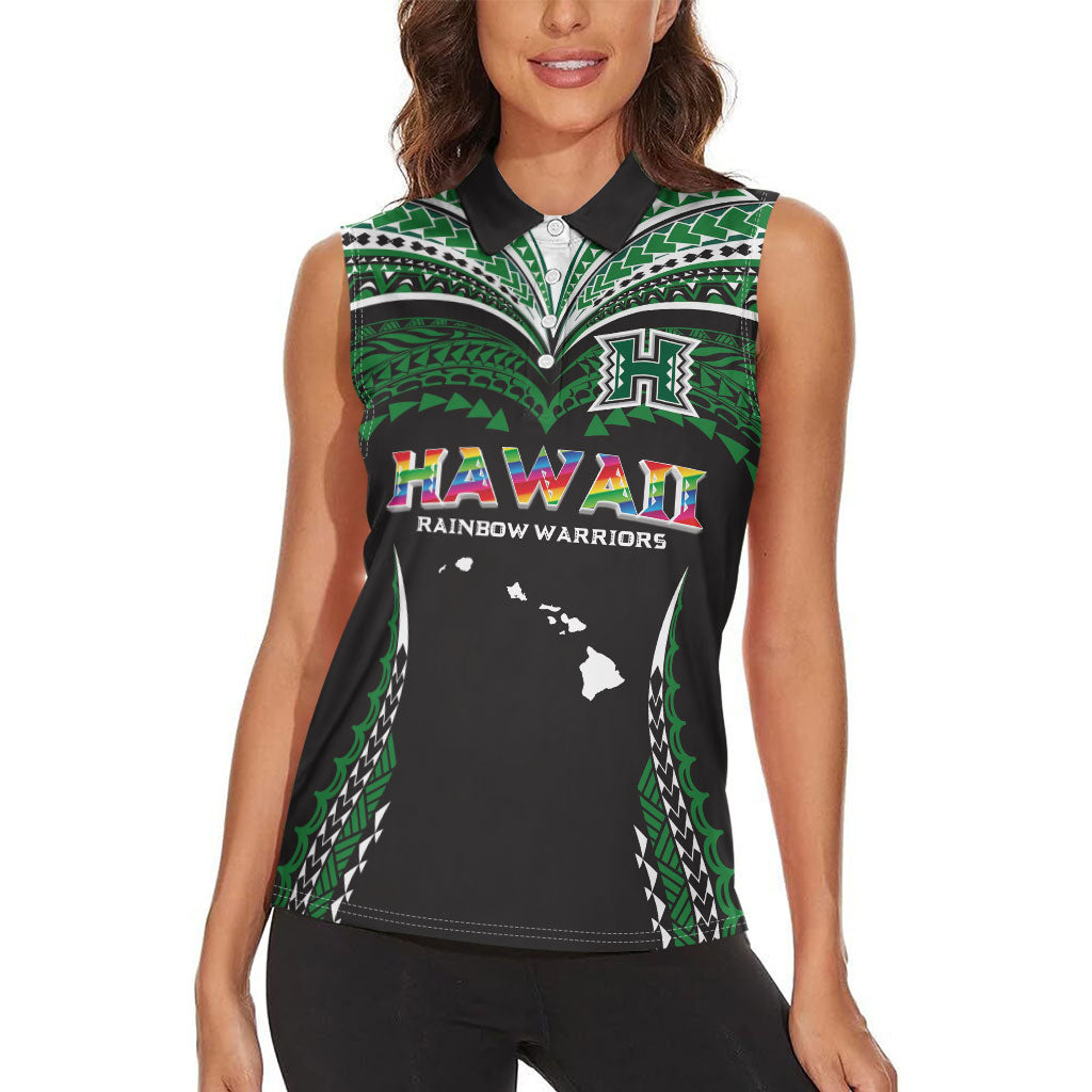 Custom Hawaii Rainbow Warriors Women Sleeveless Polo Shirt Polynesian Motif Black Color