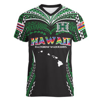 Custom Hawaii Rainbow Warriors Women V-Neck T-Shirt Polynesian Motif Black Color