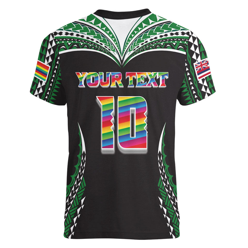 Custom Hawaii Rainbow Warriors Women V-Neck T-Shirt Polynesian Motif Black Color