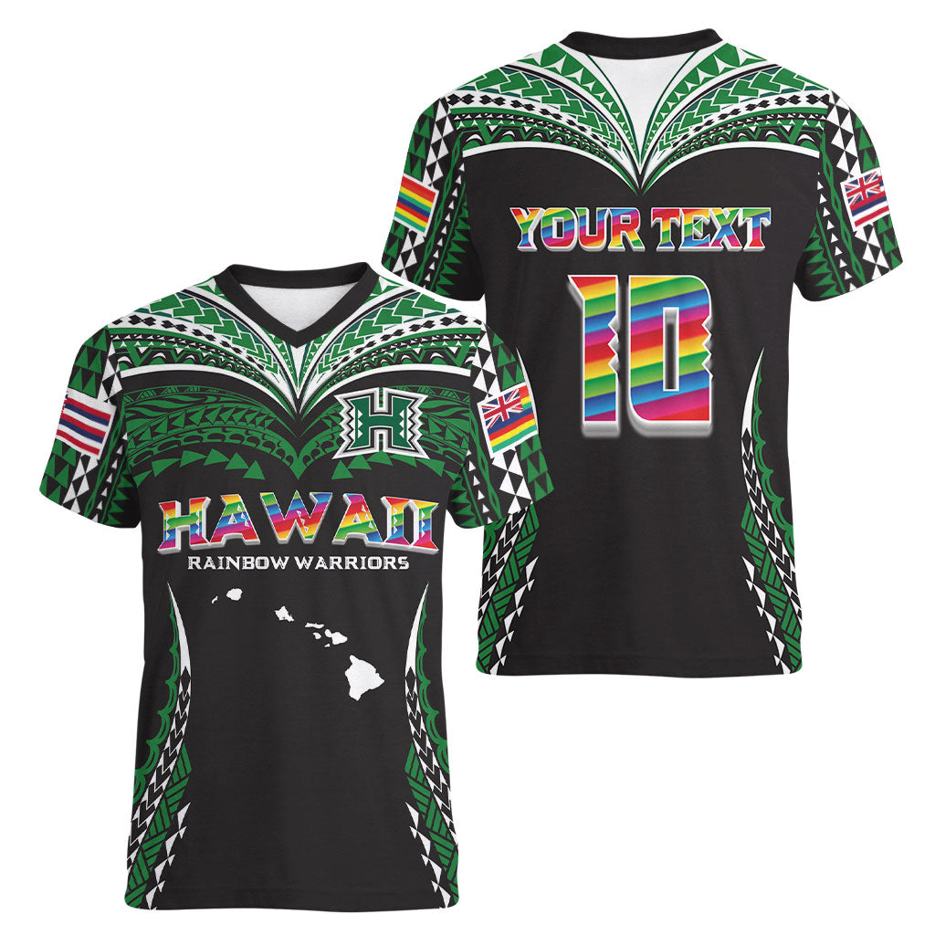 Custom Hawaii Rainbow Warriors Women V-Neck T-Shirt Polynesian Motif Black Color