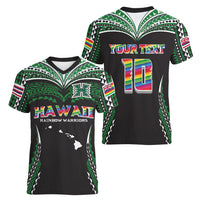 Custom Hawaii Rainbow Warriors Women V-Neck T-Shirt Polynesian Motif Black Color