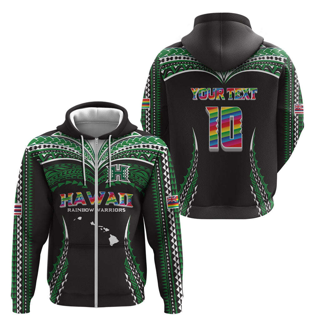 Custom Hawaii Rainbow Warriors Zip Hoodie Polynesian Motif Black Color
