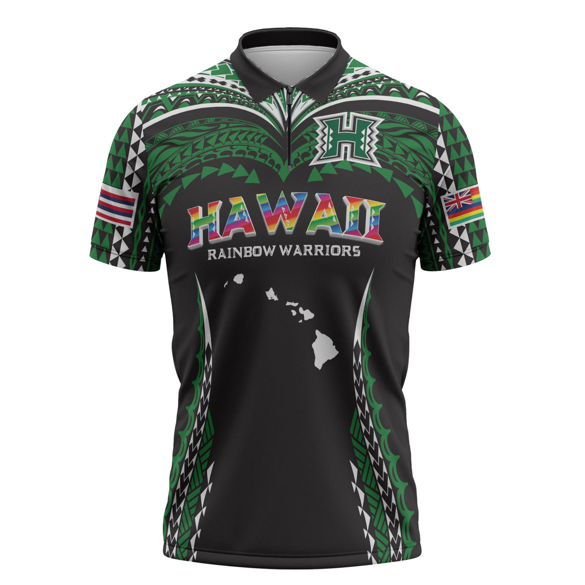 Custom Hawaii Rainbow Warriors Zipper Polo Shirt Polynesian Motif Black Color