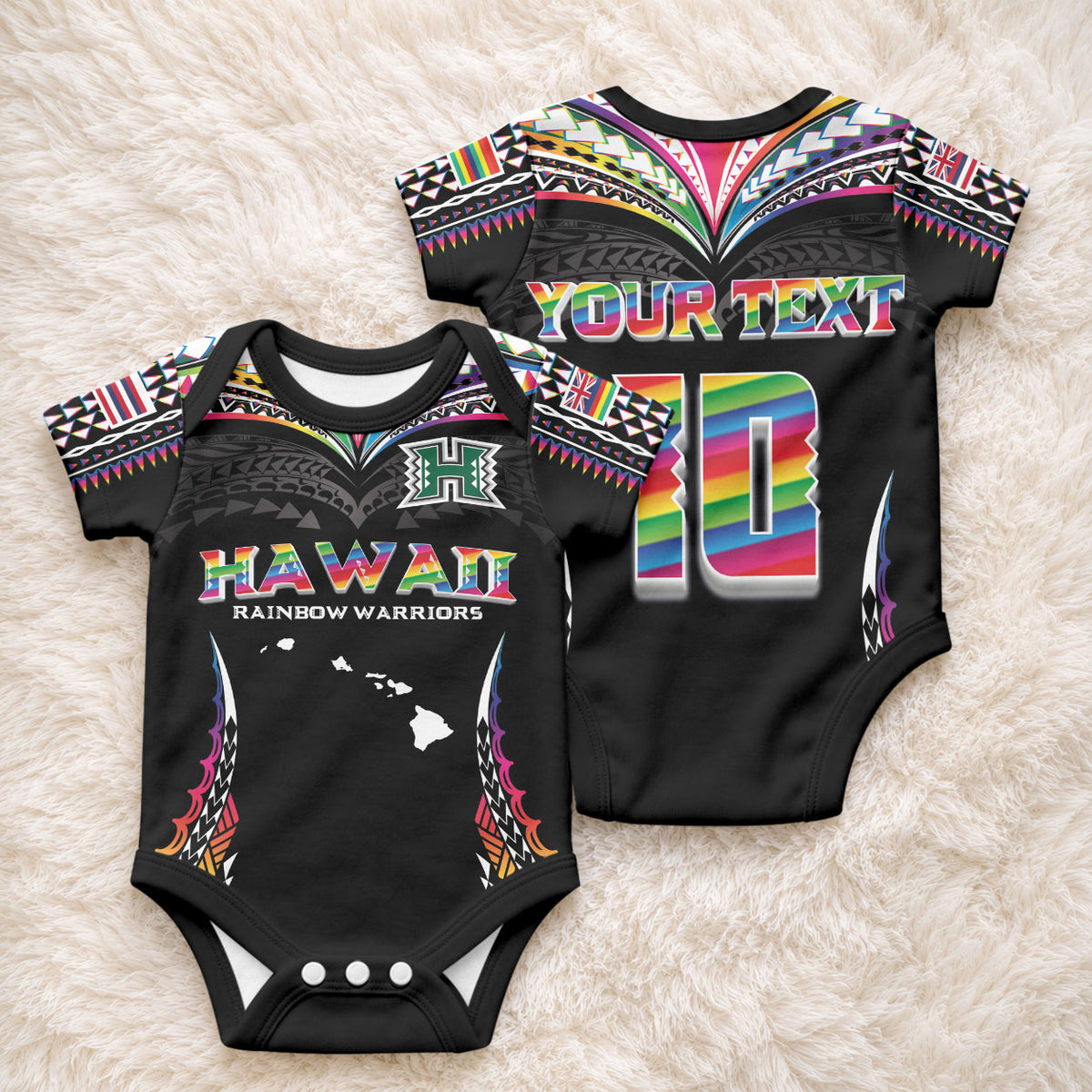 Custom Hawaii Rainbow Warriors Baby Onesie Polynesian Motif Special Edition Rainbow Gradient