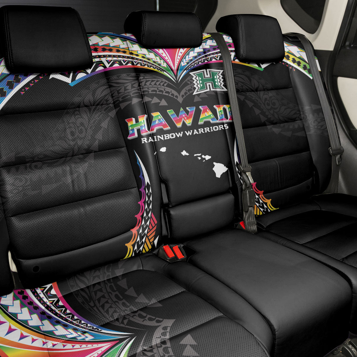 Hawaii Rainbow Warriors Back Car Seat Cover Polynesian Motif Special Edition Rainbow Gradient