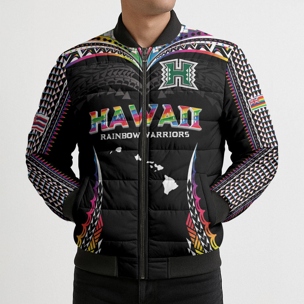 Custom Hawaii Rainbow Warriors Bomber Puffer Jacket Polynesian Motif Special Edition Rainbow Gradient